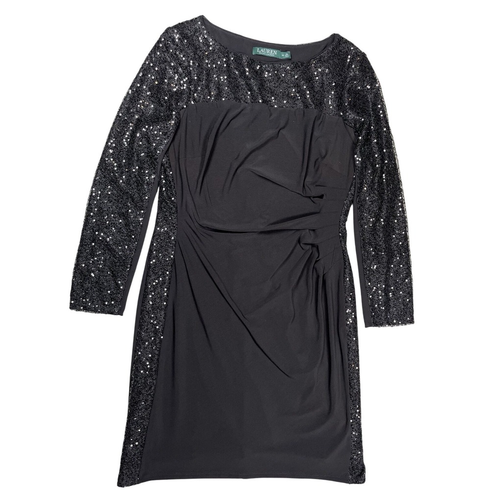 Lauren Ralph Lauren Black Long Sleeve Sequined Ruched Mini Sheath Dress Sz 14